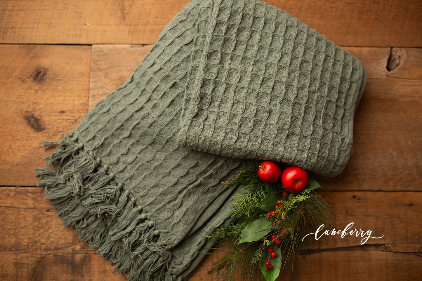 Green Waffle Weave Throw with Fringe Throw