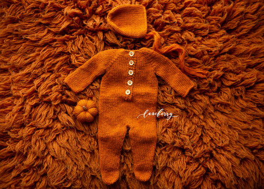 COPPER Knit Footed Romper and Bonnet + Pumpkin