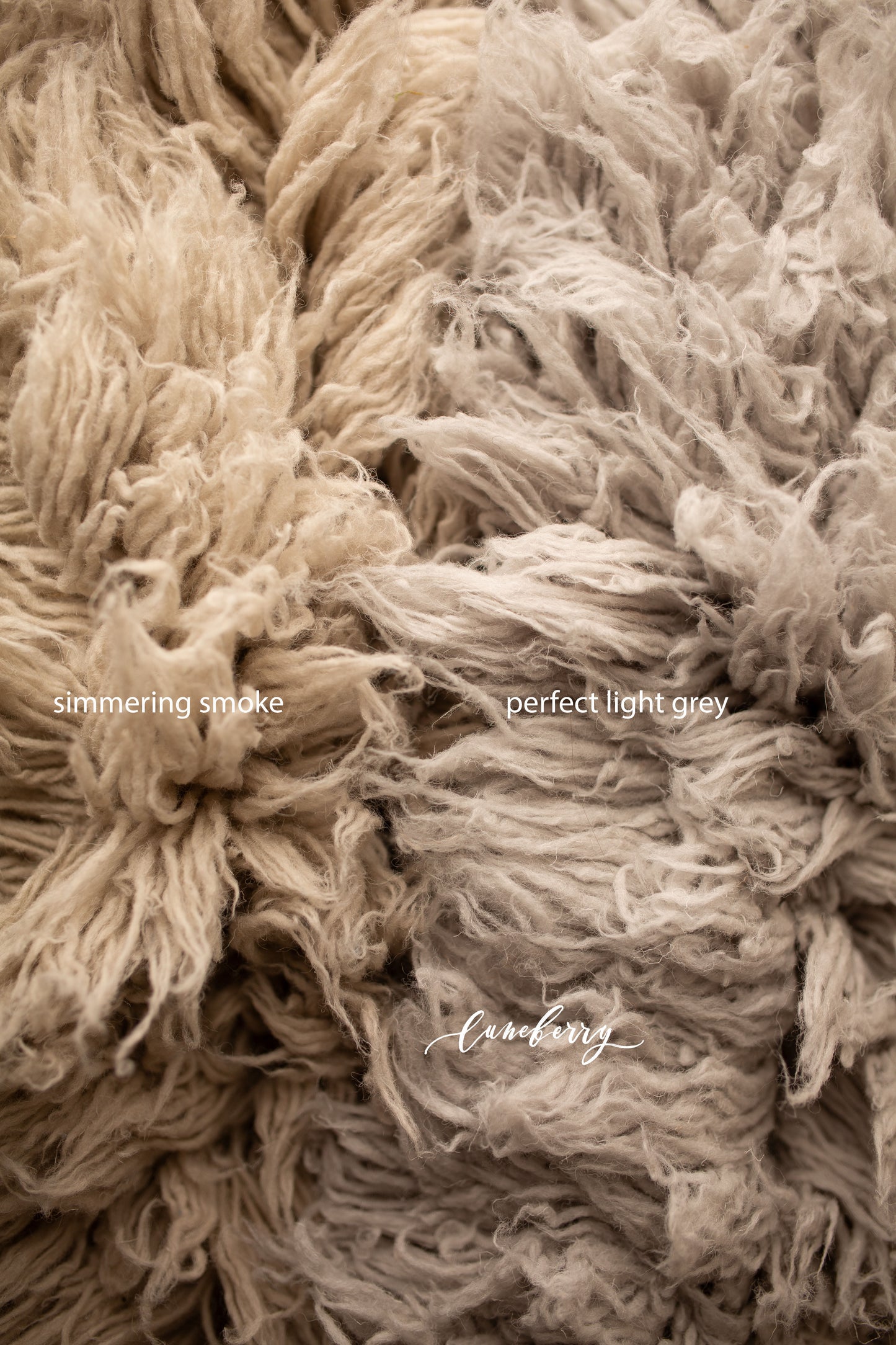 Close-up of simmering smoke flokati  vs perfect light grey flokati