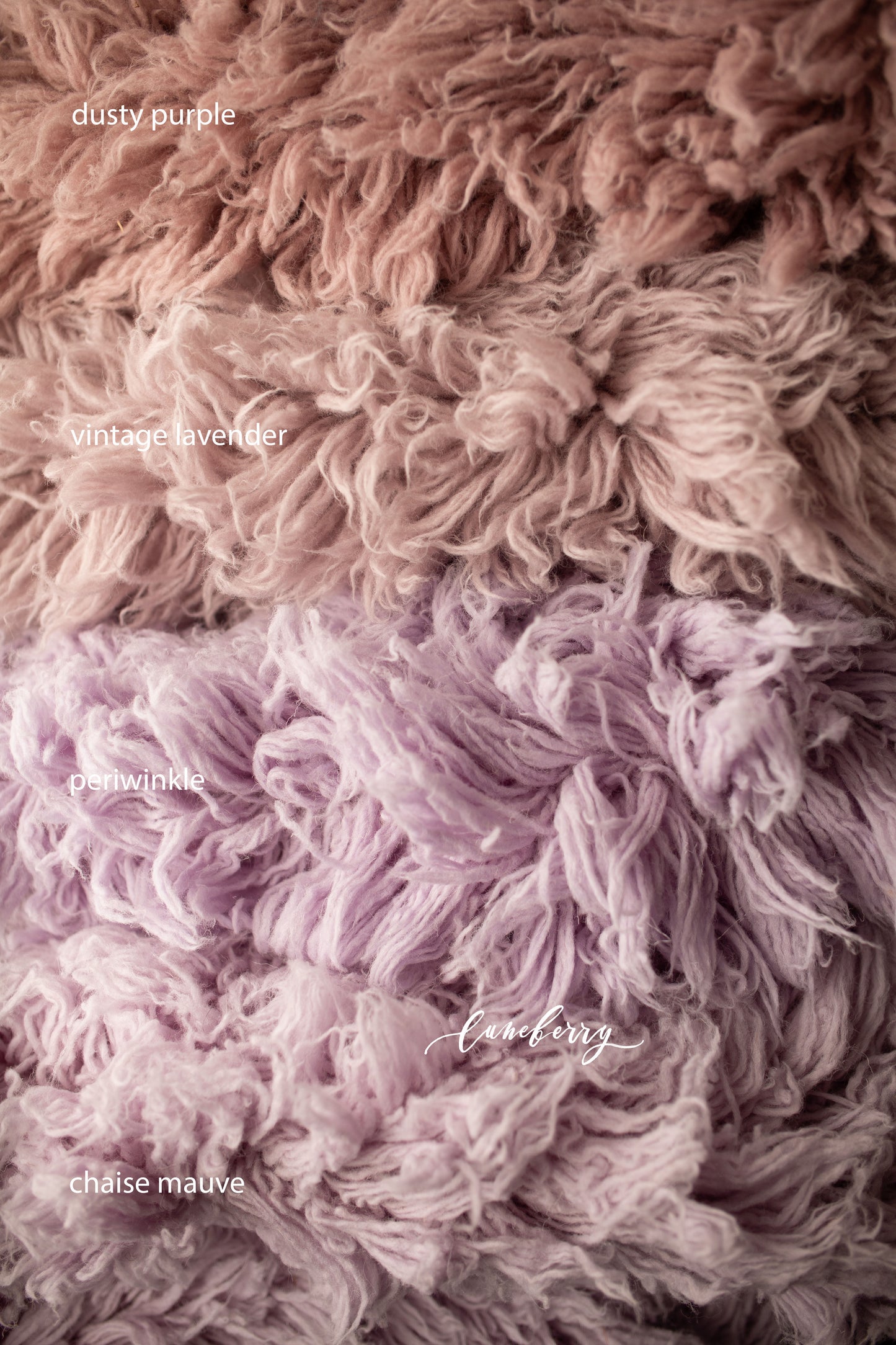 Close-up of fluffy flokati in various shades labeled 'chaise mauve', 'periwinkle', 'vintage lavender', 'dusty purple'