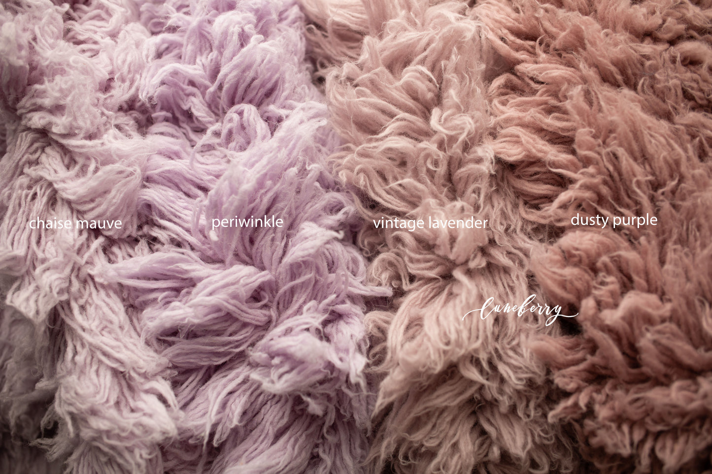 Close-up of fluffy flokati in various shades labeled 'chaise mauve', 'periwinkle', 'vintage lavender', 'dusty purple'