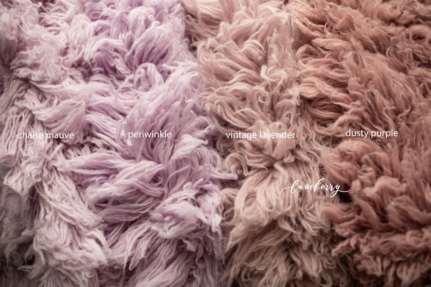 Close-up of fluffy flokati in various shades labeled 'chaise mauve', 'periwinkle', 'vintage lavender', 'dusty purple'